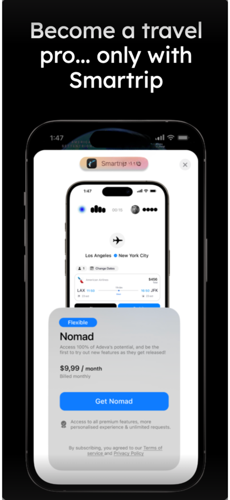 Smartrip AI - Smartrip AI App-Oberfläche, die den Nomad Premium-Abonnementplan mit Reiseleistungen und Preisen anzeigt