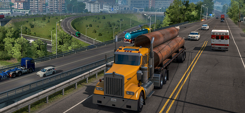 A yellow semi-truck carrying large pipes on a multi-lane highway with traffic in Truck Simulator Silk Road