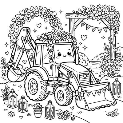 Prepare for an adorable celebration with this Kawaii backhoe coloring page, uniquely adorned for a wedding! This delightful scene combines the charm of heavy machinery with romantic, festive details for a truly fun coloring experience.
