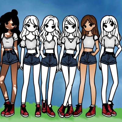 a group of girls wearing crop tops and shorts