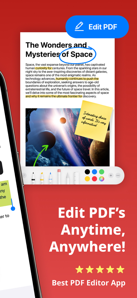 PDF Air - Editor and Converter - Mobile app interface of PDF Air showing document editing tools including text highlighting and sticky notes