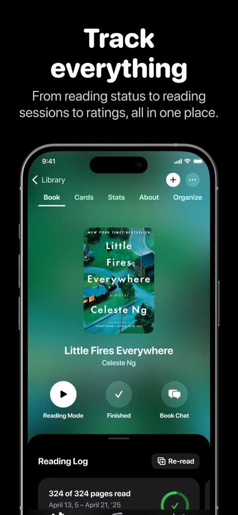 Bookshelf app screen showing reading status and statistics for a book