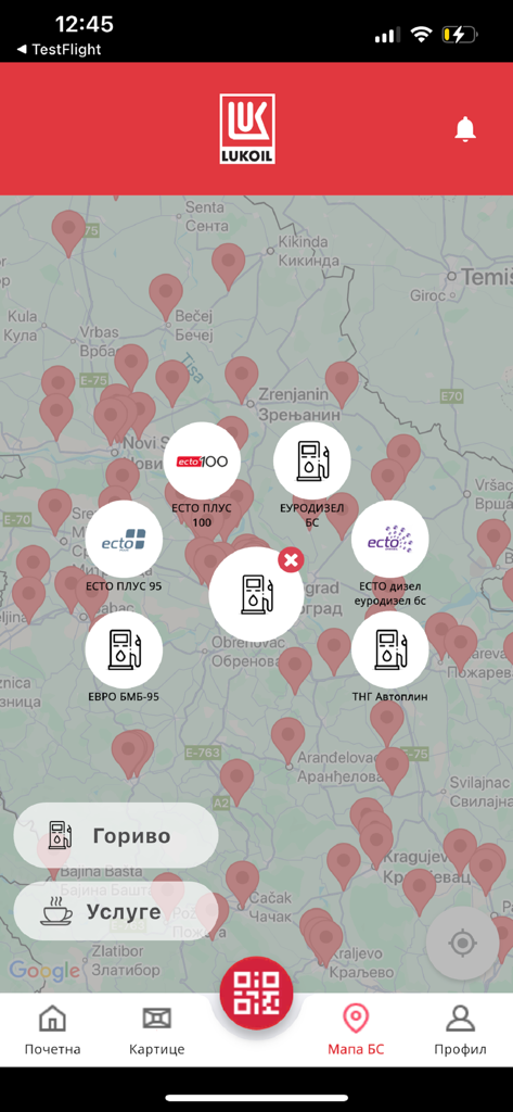 LUKOIL SRBIJA FLEET - LUKOIL SRBIJA FLEET app interface displaying gas station locations on a map and fuel type selection menu.