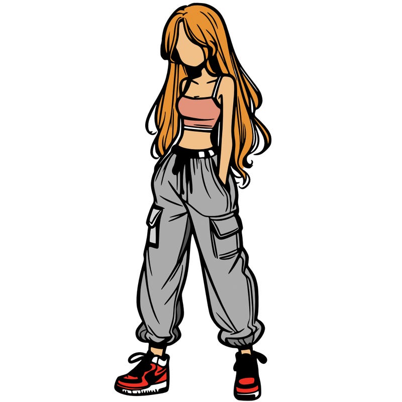 girl in baggy pants crop top and long hair
