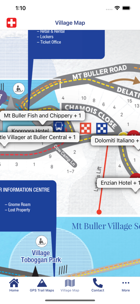 Uma captura de tela do aplicativo Mt Buller Live mostrando o mapa interativo da vila com rótulos para hotéis e restaurantes locais.