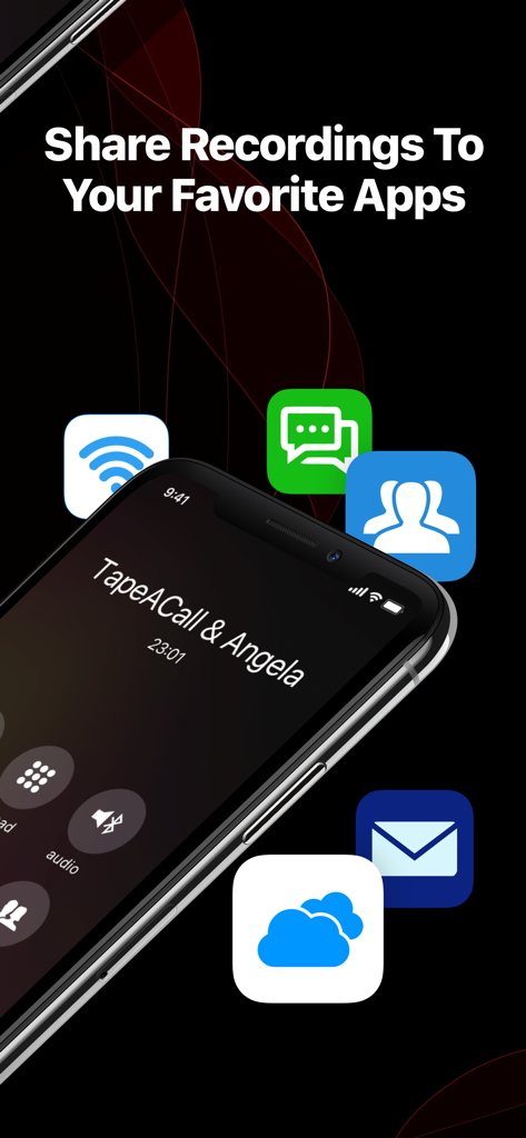 TapeACall Pro: Call Recorder - iPhone screen showing options to share call recordings to various apps