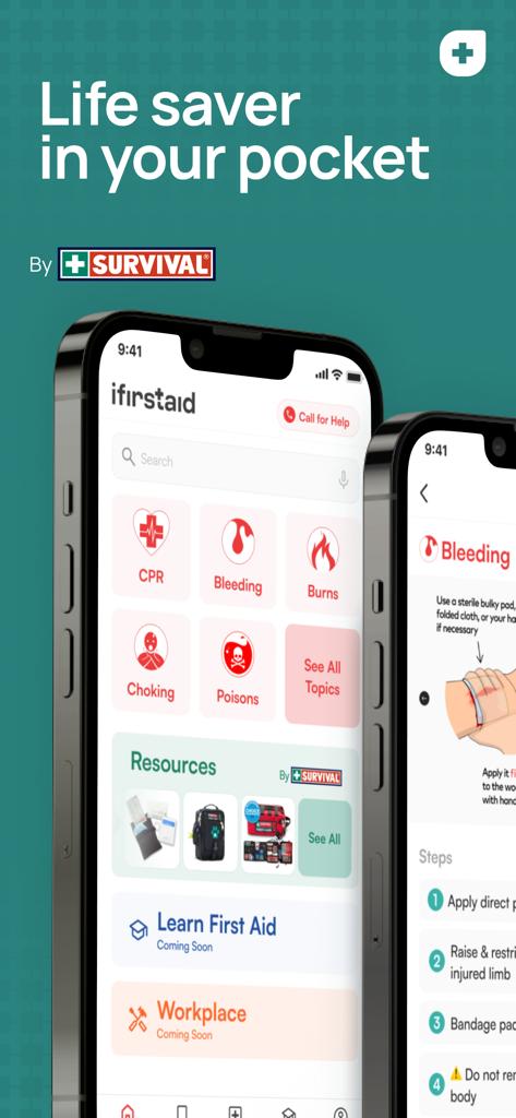 iFirstAid - iFirstAid mobile app interface displaying emergency categories like CPR and bleeding with step-by-step instructions