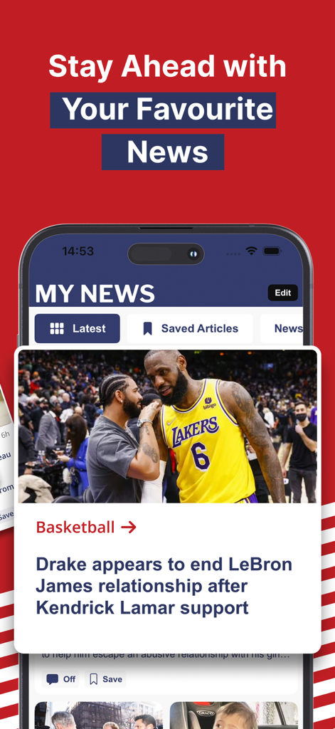 Express US App-Bildschirm, der einen personalisierten Mein-News-Feed mit einer hervorgehobenen Basketball-Geschichte zeigt.