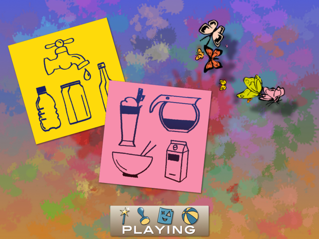 Drawing Box - Digital art interface with colorful splatters, line drawings on sticky notes, and butterfly stickers.