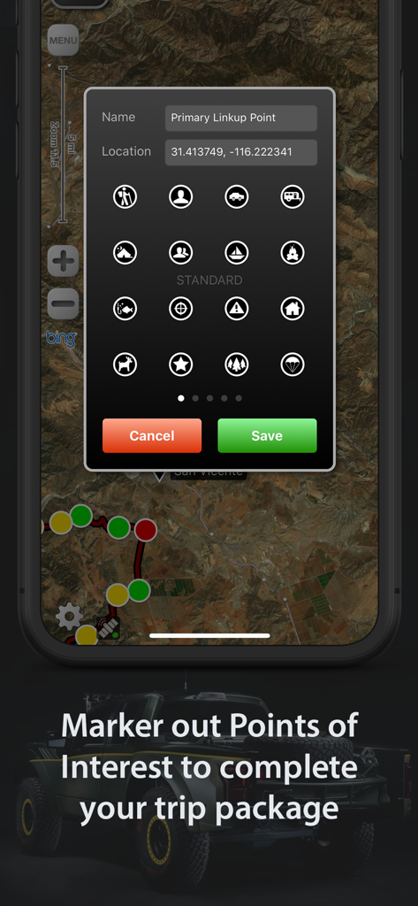LeadNav GPS interface for creating custom markers and points of interest on a satellite mission map