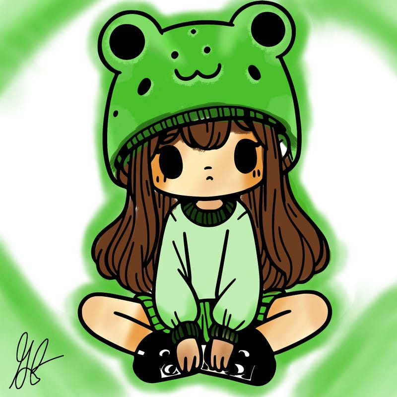 a girl wearing a frog hat and some frog socks