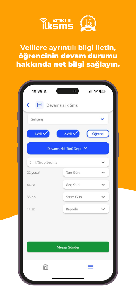Mobile interface of ilkSMS app showing options to send student absenteeism and attendance notifications to parents