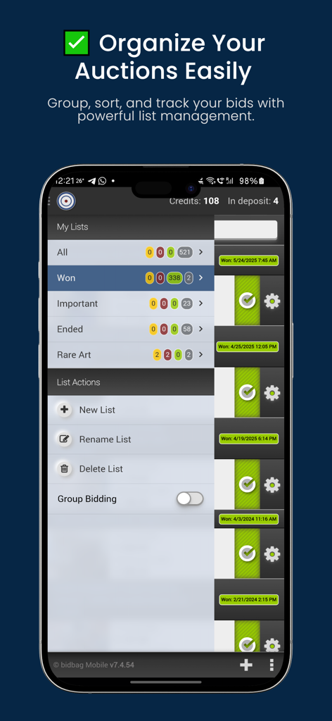 Interface do aplicativo BidBag mostrando gerenciamento de lista de leilões e rastreamento organizado de lances para leilões do eBay.