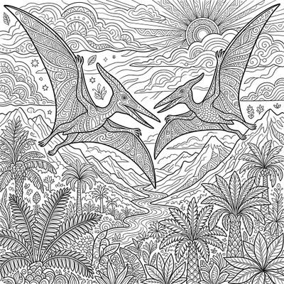 Embark on a prehistoric journey with this captivating adult coloring page featuring two magnificent Pterosaurs in flight. Delicately detailed, it offers a challenging yet relaxing artistic escape into an ancient world.