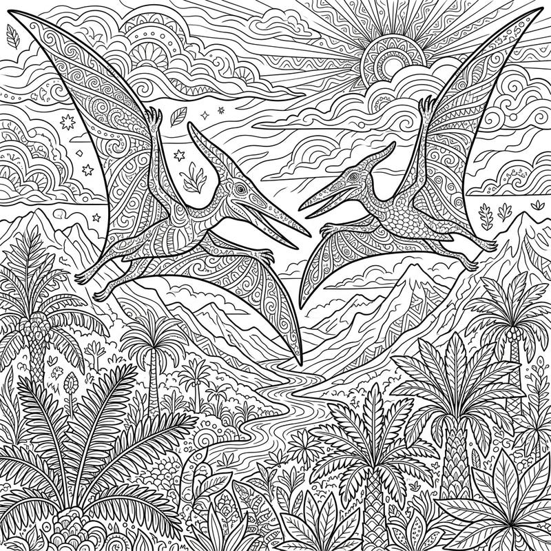 Embark on a prehistoric journey with this captivating adult coloring page featuring two magnificent Pterosaurs in flight. Delicately detailed, it offers a challenging yet relaxing artistic escape into an ancient world.