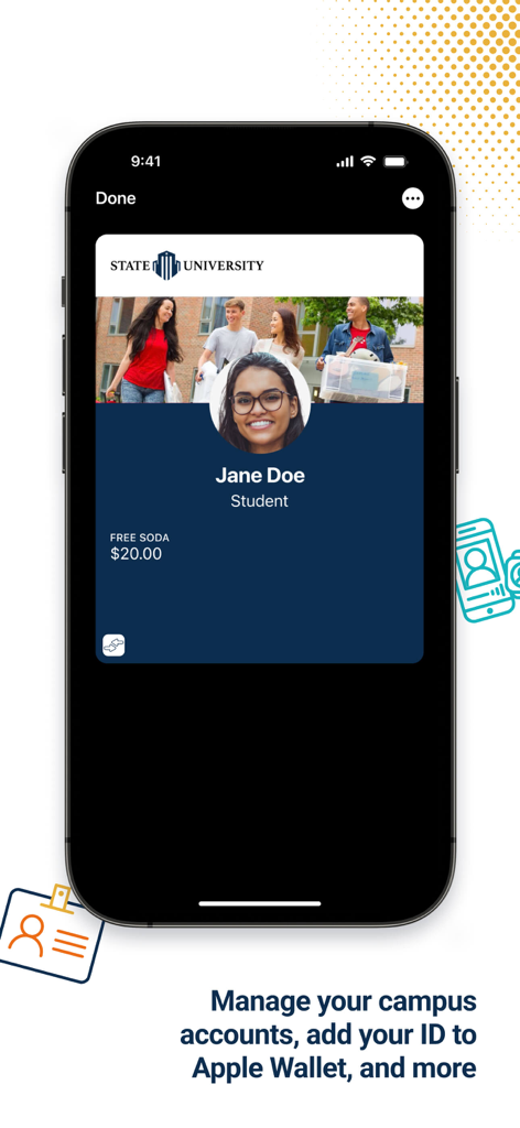 Transact eAccounts - Digital student ID card displayed on a smartphone screen within the Transact eAccounts app