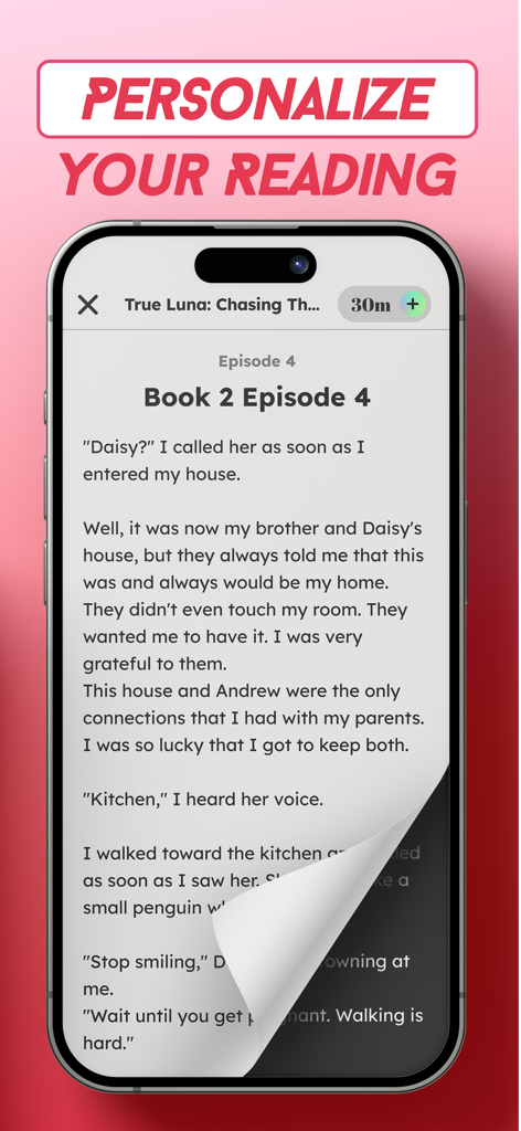 Lovella: Novels & Audiobooks - Lovella app reading interface on a smartphone with a page turn effect and text saying Personalize Your Reading