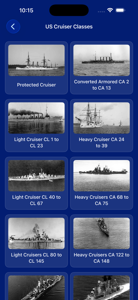 Cruisers of the US Navy - A menu screen in the Cruisers of the US Navy app showing various historical cruiser classes with black and white ship photos.