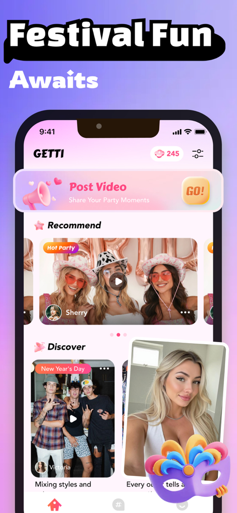 Getti - Live Call, Girls Chat - Interface of the Getti app showcasing trending social party videos and live chat discovery.