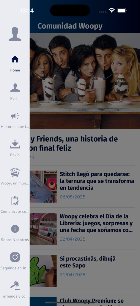 LibreriaWoopy - Mobile screenshot of the LibreriaWoopy app community feed and sidebar navigation menu