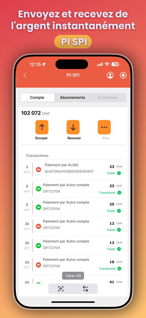 Interfaz de la aplicación BIM Mobile Banking que muestra el historial de transferencias de dinero instantáneas PI-SPI y el saldo de la cuenta