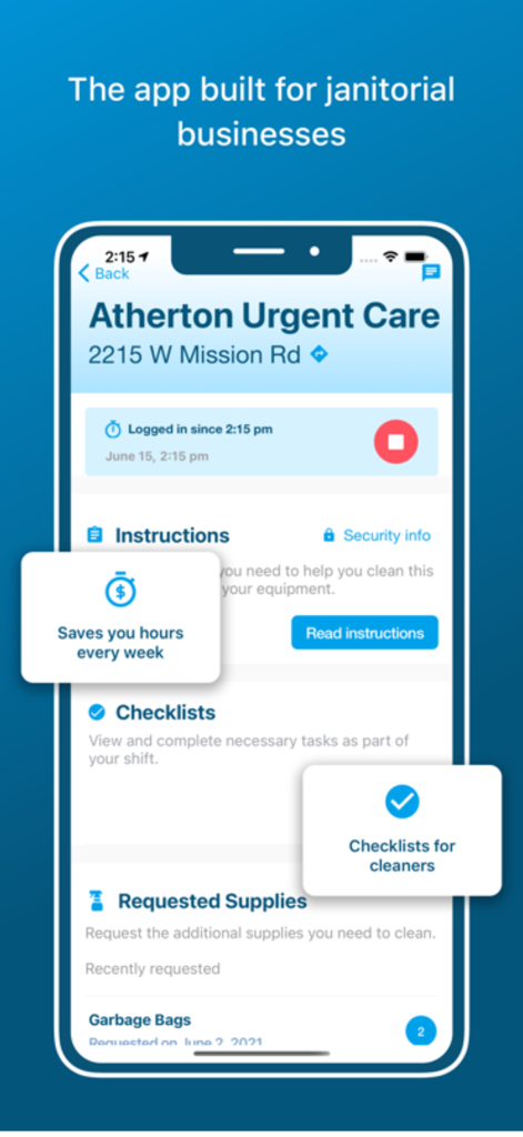 Swept Mobile - Swept Mobile app interface showing cleaning instructions, checklists, and time tracking for a janitorial business location.