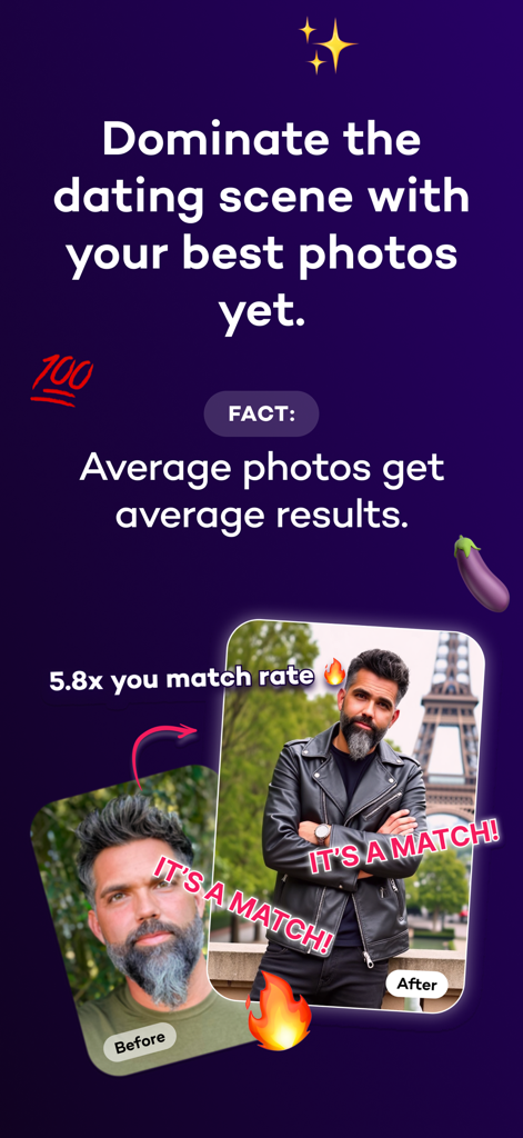 Before and after comparison of dating profile photos showing a match rate increase