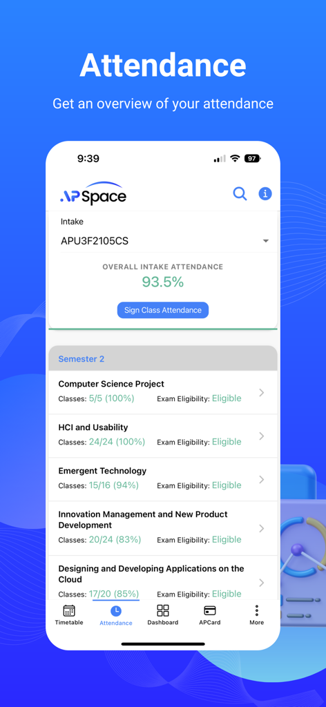 APSpace - APSpace mobile app attendance summary showing student progress and eligibility