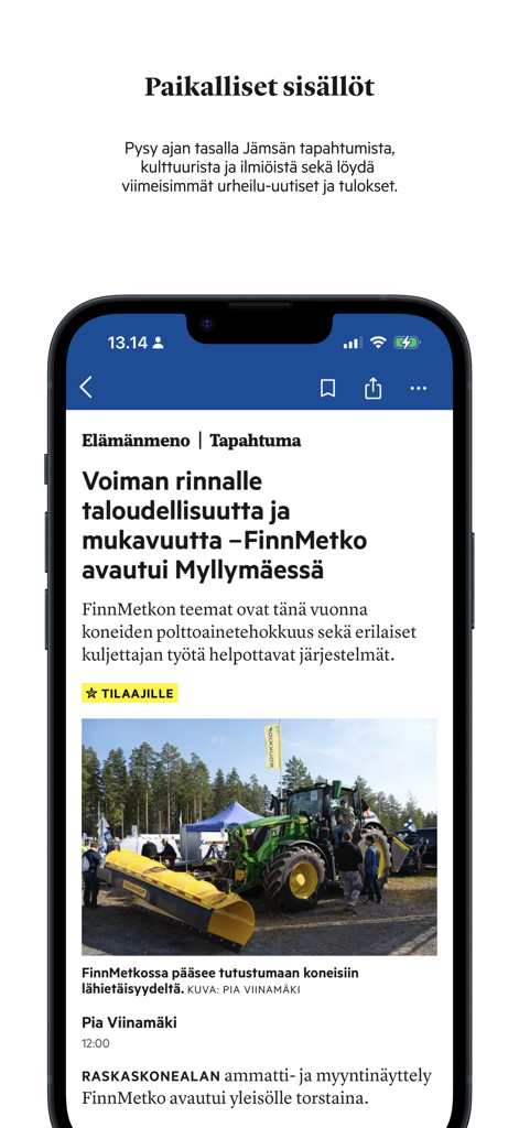 Jamsan Seutu news app displaying a local Finnish news article on a smartphone screen
