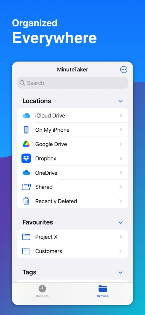 MinuteTaker - Meeting Notes - MinuteTaker app interface showing cloud storage options including iCloud, Google Drive, and Dropbox with project folders