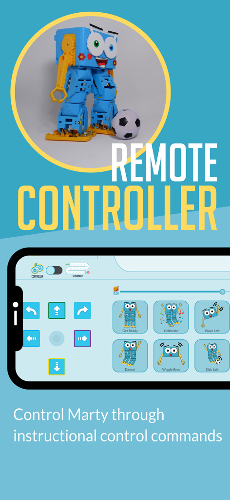 Interfaz de un smartphone que muestra comandos de control remoto para el robot Marty con botones para bailar y patear una pelota de fútbol