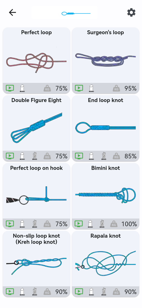 Library of fishing loop knots with 3D diagrams and strength percentages in the Fishing Knots app