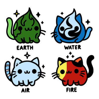4 cats that represent the different elements, earth, water, air, and fire