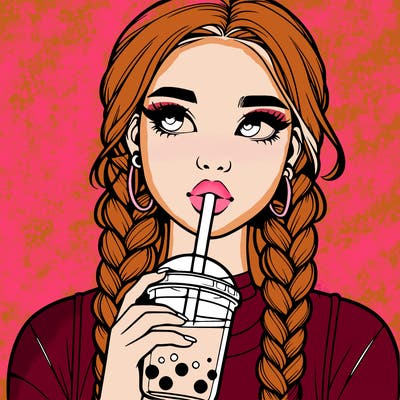 realistic girl with braided hair drinking boba