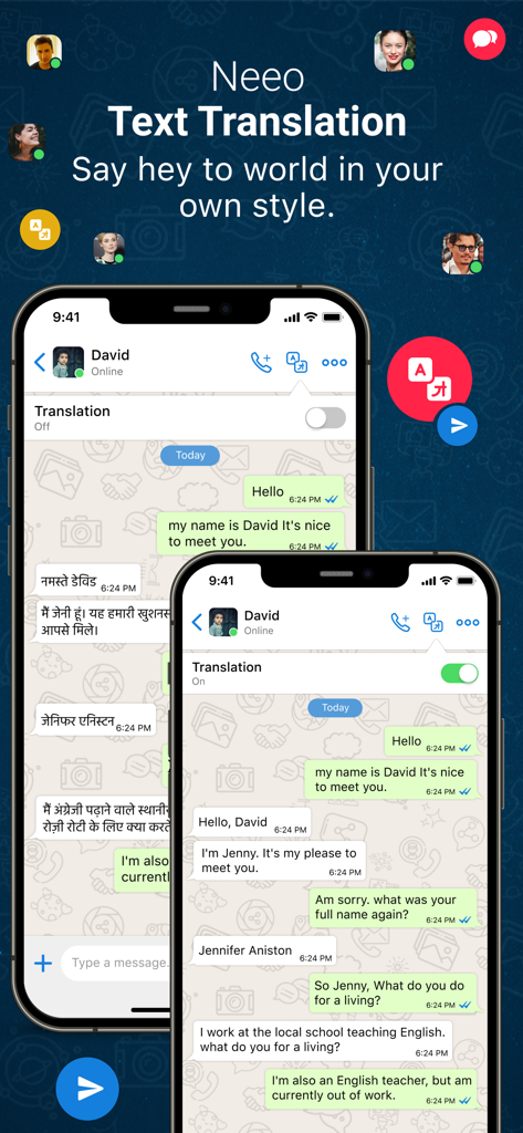 Neeo Messenger with Translator - Interface of the Neeo Messenger app showing real-time chat translation between different languages