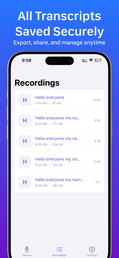 Una lista de transcripciones y grabaciones de voz guardadas en la interfaz de la aplicación Speakly AI