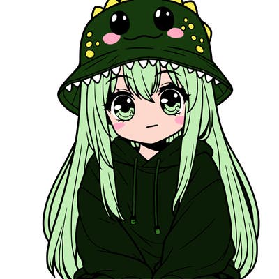 girl with anime shaped eyes with a dinosaur bucket hat oversized sweatshirt long straight hair