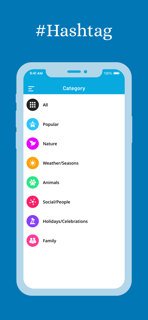 HashTag : #Tag For Caption - Captura de pantalla de la app HashTag mostrando una lista de categorías de hashtags incluyendo Naturaleza y Animales Populares