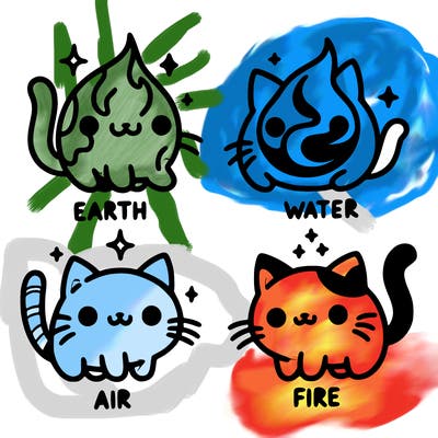 4 cats that represent the different elements, earth, water, air, and fire