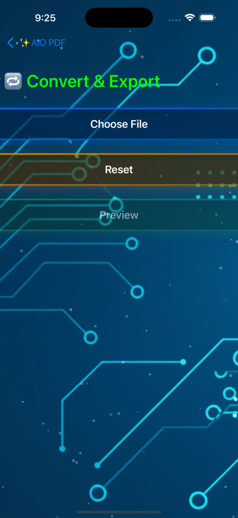 The Convert and Export screen of the All in One PDF app on an iPhone showing file selection options.