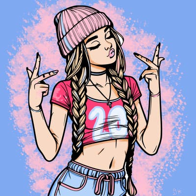realistic teenage girl with braids and a beanie and crop top doing 🫶🏼