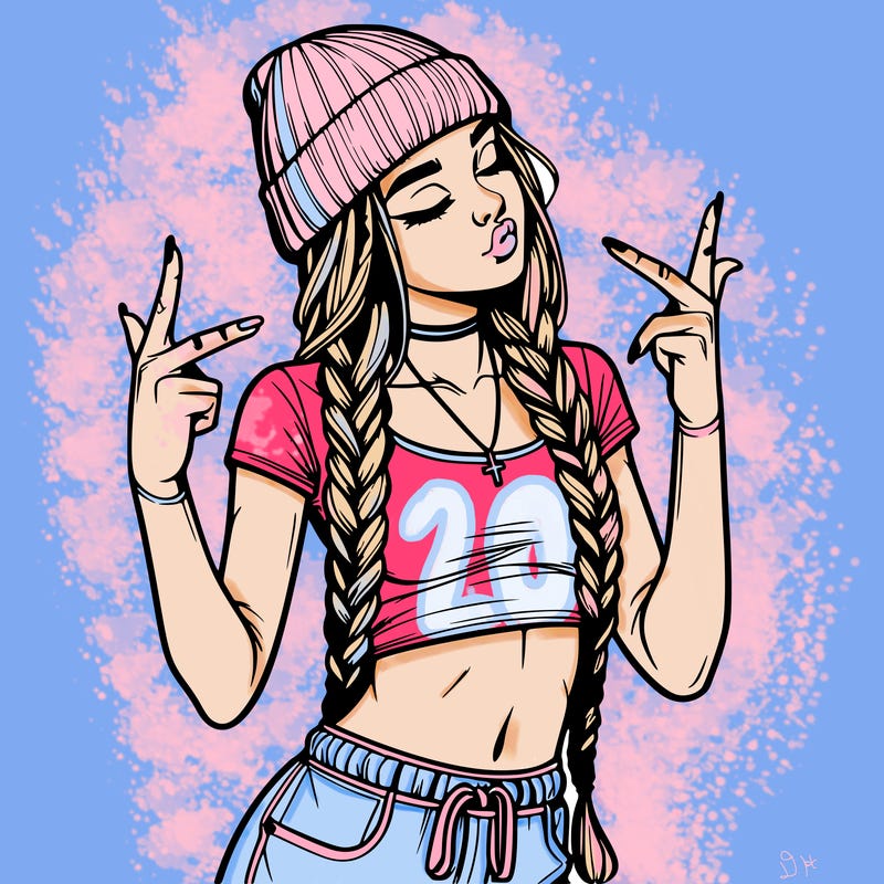 realistic teenage girl with braids and a beanie and crop top doing 🫶🏼