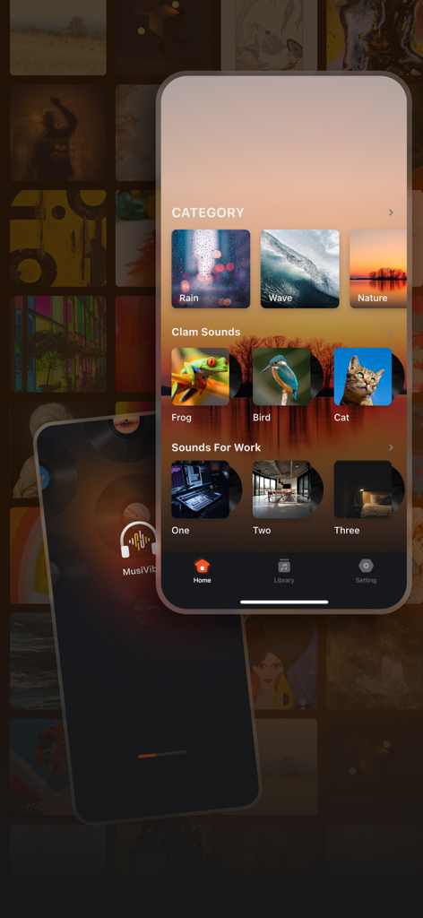 Musivibe app home screen displaying curated sound categories like Rain, Wave, and Nature