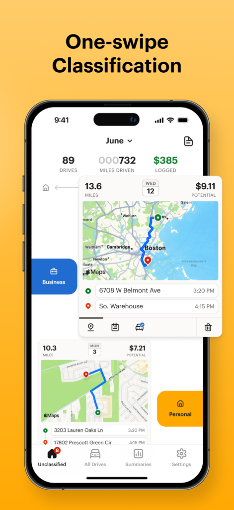 MileIQ: Mileage Tracker & Log - MileIQ app interface showing one-swipe classification of drives into business or personal categories
