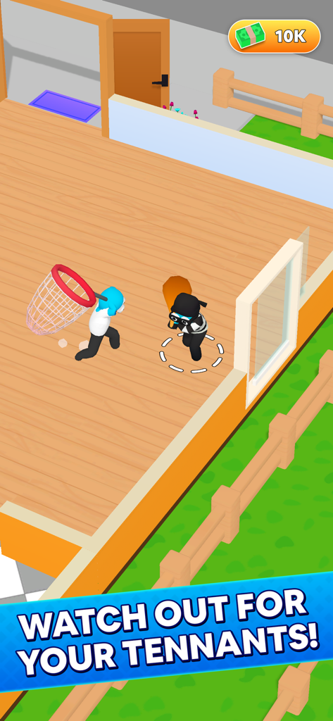 Be My Guest Landlord Sim 게임 캐릭터가 그물로 도둑을 잡는 모습.