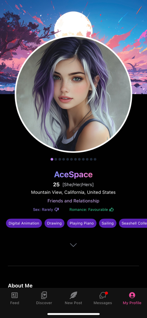 AceSpace: Dating & Friendships - User profile screen on AceSpace app showing personal details interests and relationship preferences