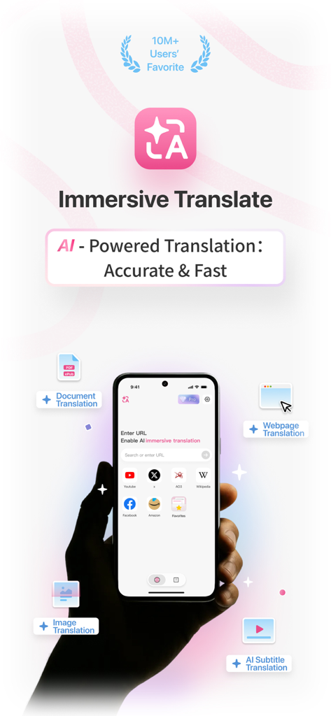 Immersive Translate app showing AI powered translation for documents webpages images and video subtitles