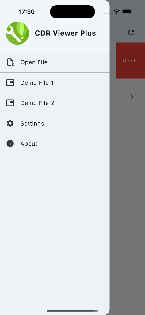 Side navigation menu of the CDR Viewer Plus app with options for opening files and settings