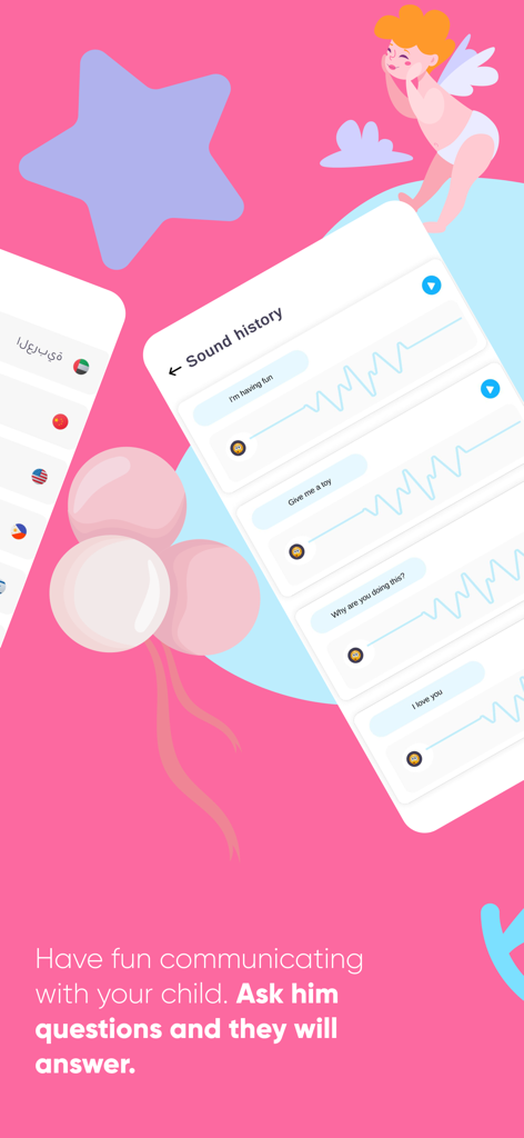 Interface of the Baby Translator app showing a history of translated baby sounds and phrases.