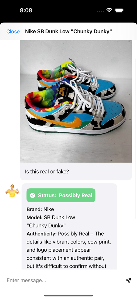 Risultato scansione AI per le sneakers Nike SB Dunk Low Chunky Dunky nell'app Legit Check